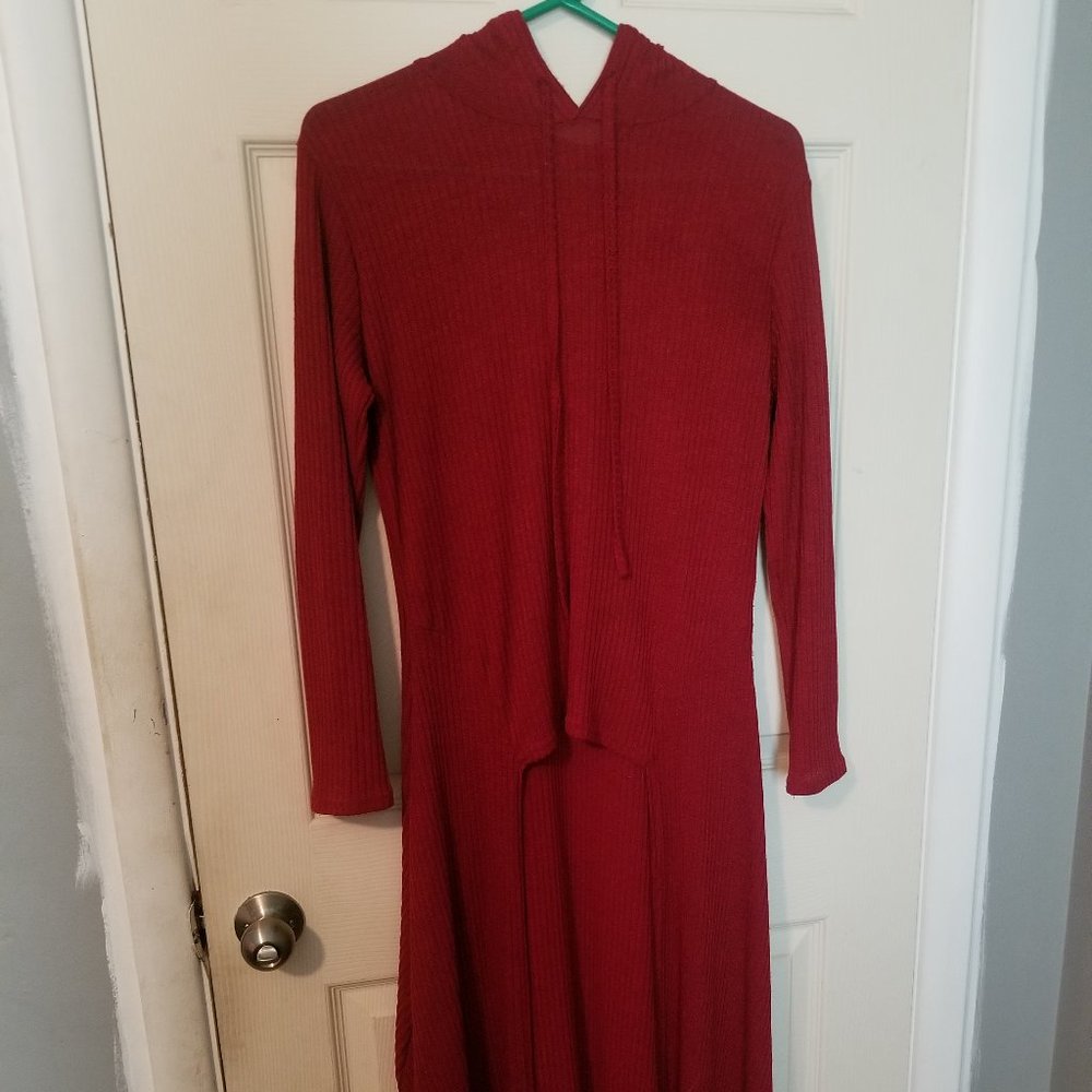 Full Length Sweater with Hood - Deep Red
